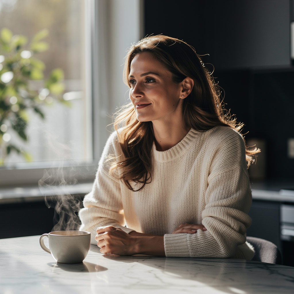 A confident woman in a cozy cream sweater seated at a sunlit kitchen counter, soft natural light streaming through a win…